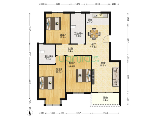 星美家园 3室2厅2卫 124平方