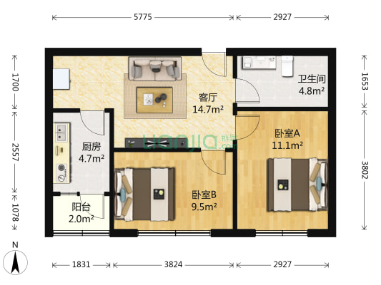 桐楠阁领誉 2室1厅1卫 73平方