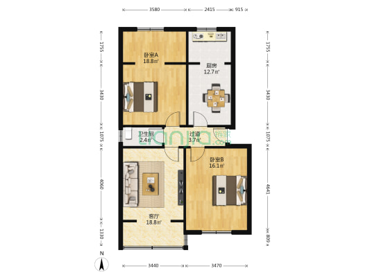 储备局宿舍 2室1厅1卫 84平方
