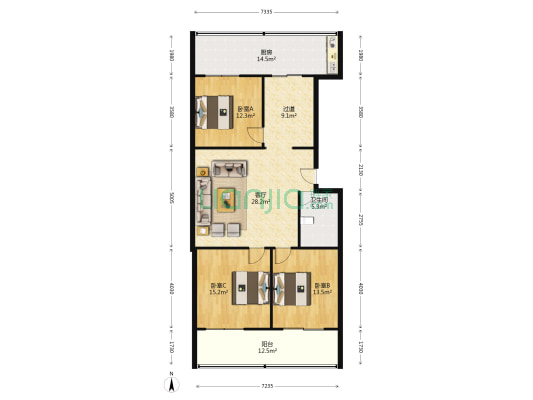 太钢小区 3室1厅1卫 125平方