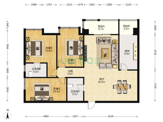 世纪金园 3室1厅2卫 158平方