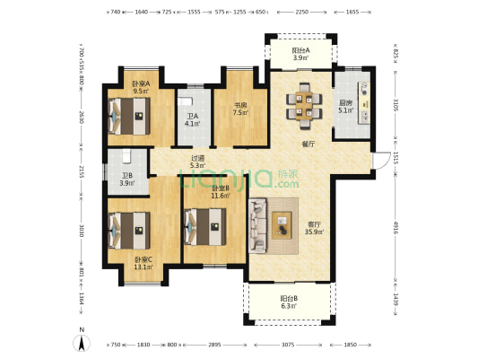 宏维·新天地 4室1厅2卫 138平方
