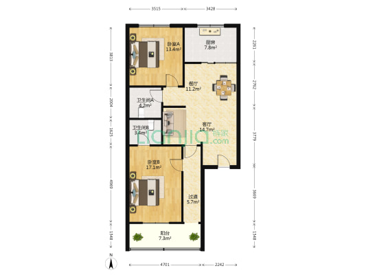 逾桥中路 2室2厅2卫 106平方