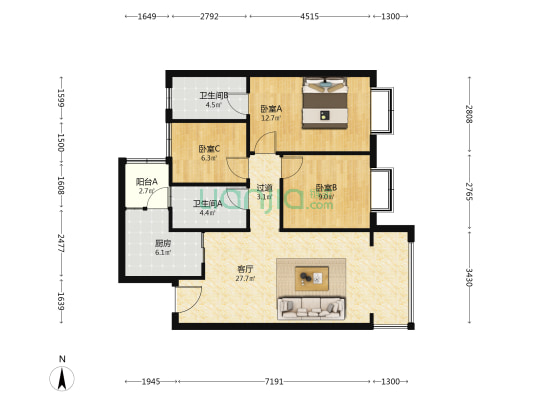 俊发城文雅苑 3室1厅2卫 105平方