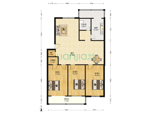 绿城花园 3室1厅1卫 155平方