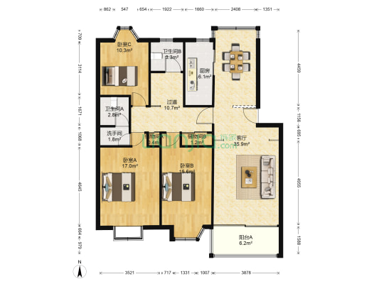 珍珠西园 3室1厅3卫 127平方