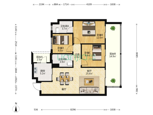 保利天际 3室1厅2卫 113平方