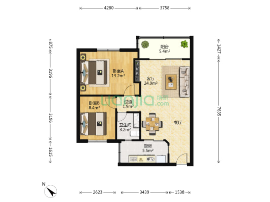 朝阳花园 2室1厅1卫 74平方