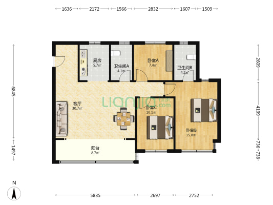滨江龙湖翡翠上城 3室1厅2卫 115平方