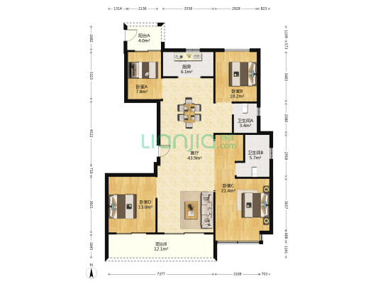 旭辉东原国滨府 4室1厅2卫 137平方