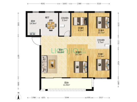 金辉优步大道 4室1厅2卫 140平方
