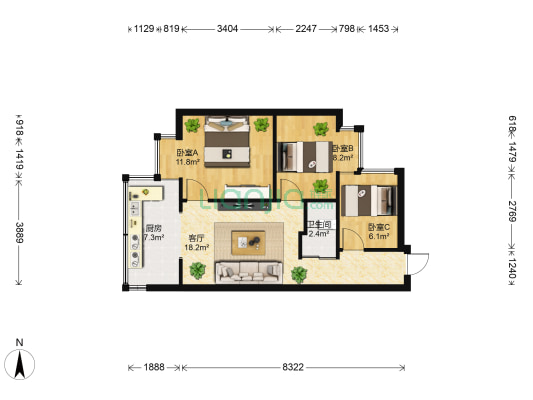 工人新村 3室1厅1卫 56平方
