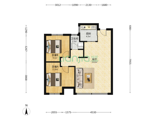 中铁逸都D区 2室1厅1卫 88平方