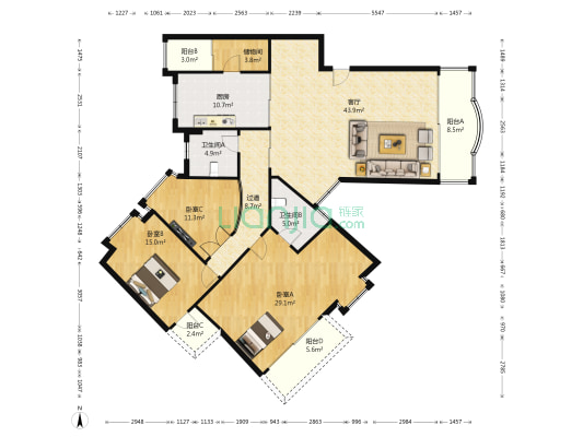 锦欣花园 3室1厅2卫 155平方