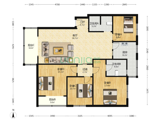 横四道街8号 4室1厅2卫 138平方