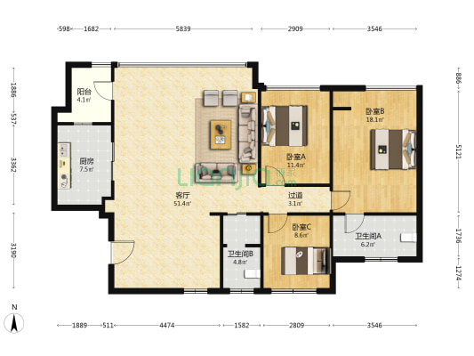 高科江澜礼墅三期一组团 3室1厅2卫 137平方