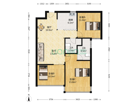 城北商业中心 3室2厅2卫 90平方