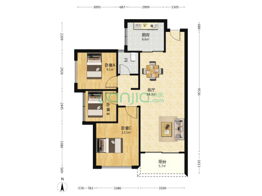 罗浮公馆 3室1厅1卫 95平方