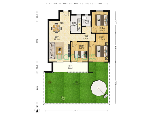 中南菩悦东望城 3室1厅1卫 95平方