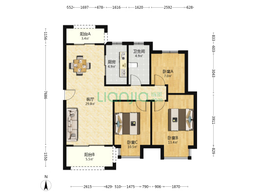 蓝海嘉居三期瑞园 3室1厅1卫 103平方