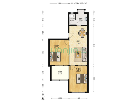 湖南图书馆 2室1厅1卫 57平方