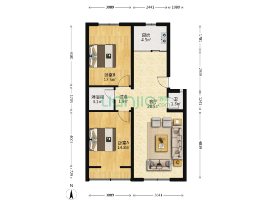 景环三院 2室1厅2卫 85平方