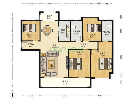 美的院子 4室1厅2卫 142平方