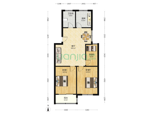明珠花园(建湖县) 3室1厅1卫 101平方