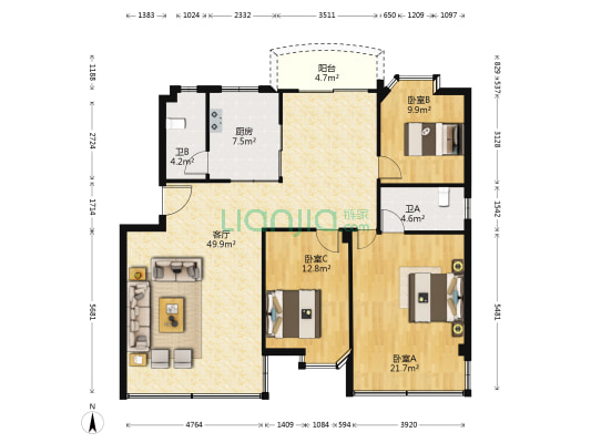 德豪新苑 3室1厅2卫 126平方