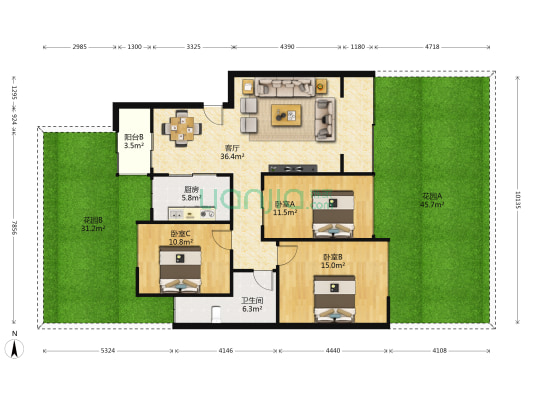 中天花园.御景湾 3室1厅1卫 90平方