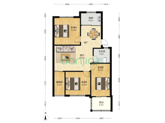 青山雅苑 3室1厅1卫 88平方