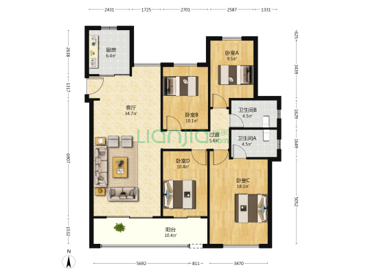 龙湖清能天曜 4室1厅2卫 141平方