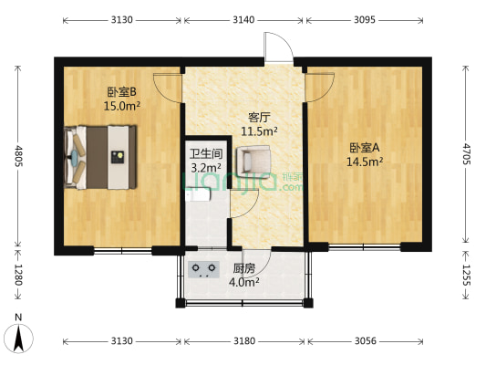 食品公司宿舍 2室1厅1卫 64平方
