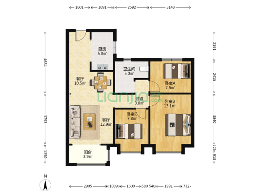 万象府 3室2厅1卫 101平方