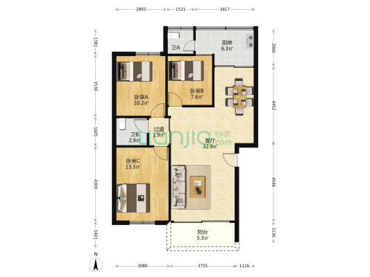 十七小区 3室1厅2卫 93平方