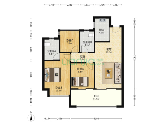 中骏世界城 3室1厅2卫 105平方