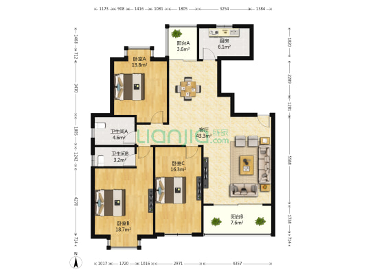 紫金园西区 3室1厅2卫 138平方