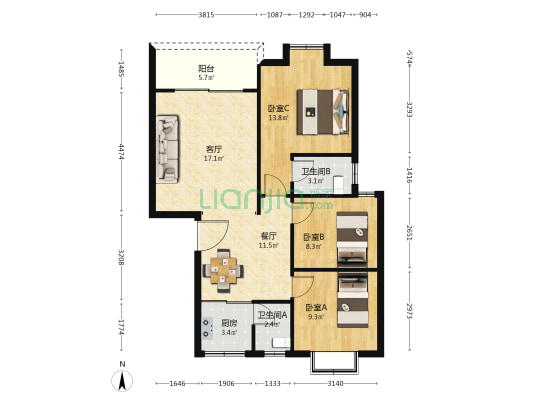 建设北路6号 3室2厅2卫 89平方