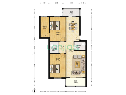 阳光小区湘园社区 2室1厅2卫 108平方