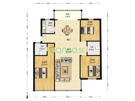 围海小区 3室1厅2卫 124平方