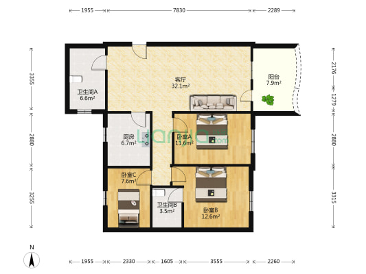 怡景花园 3室1厅2卫 143平方