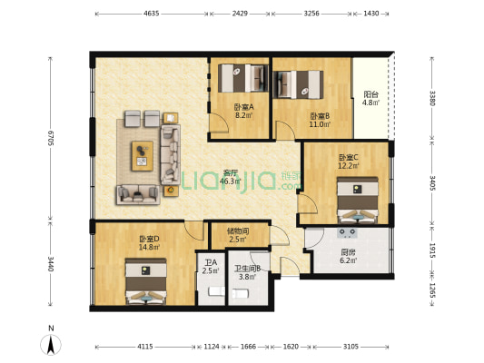 隆山东路九十五弄 4室1厅2卫 135平方
