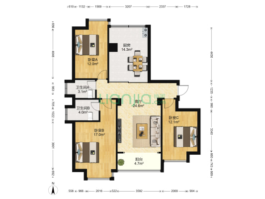 海商小区 3室1厅2卫 111平方