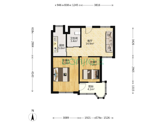 华能大厦 2室1厅1卫 67平方