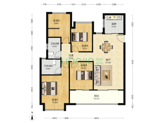 金地都会风華 4室1厅2卫 130平方