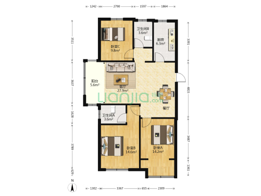 云龙玉棠苑 3室1厅2卫 115平方