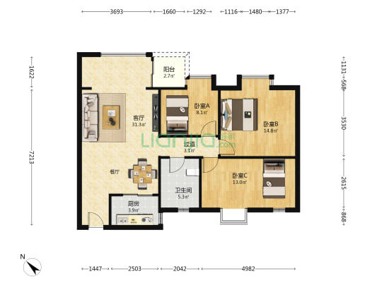 聚龙苑 3室1厅1卫 93平方