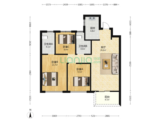 祥生江南里 3室1厅2卫 93平方