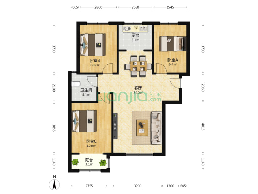 凯悦花苑 3室1厅1卫 105平方