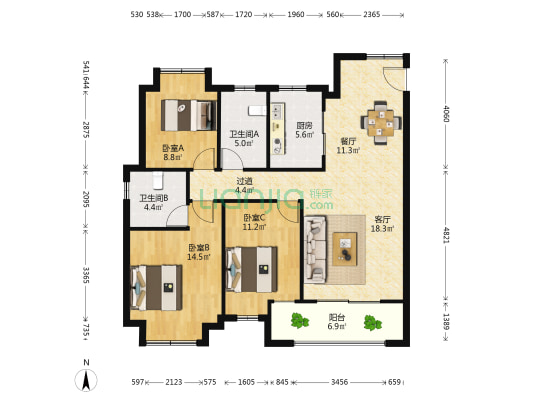 江海都会 3室2厅2卫 122平方